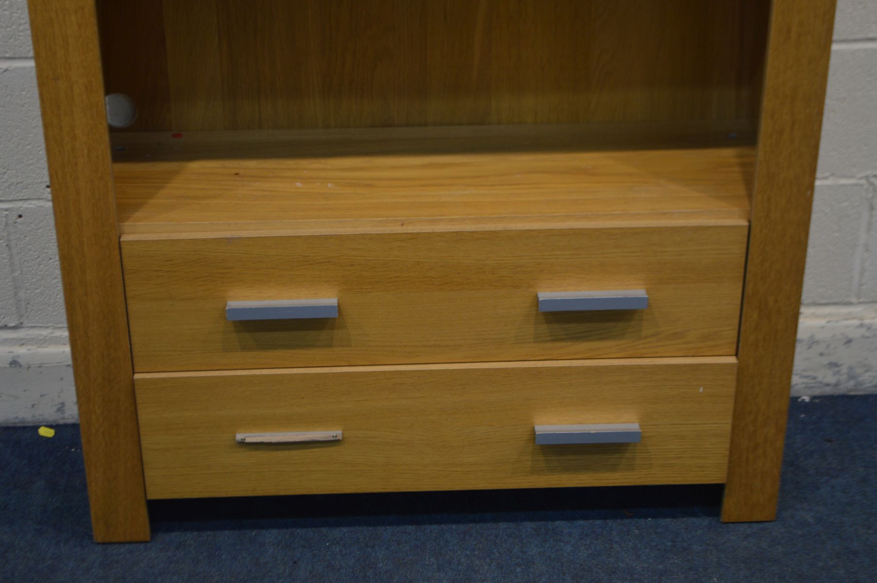 A MODERN OAK FINISH OPEN BOOKCASE, with three shelves above two drawers, width 101cm x depth 33cm - Image 2 of 2