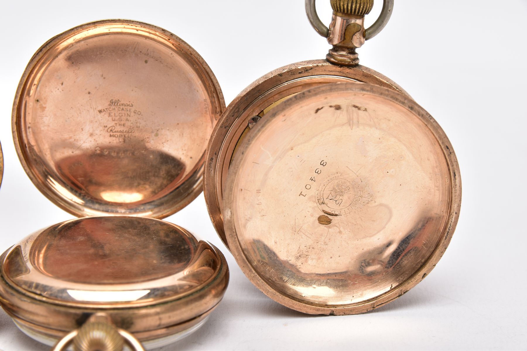 THREE GOLD PLATED OPEN FACED POCKET WATCHES, the first with a white dial signed 'Eros', Arabic - Image 5 of 8