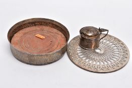 TWO SILVER COASTERS AND A MUSTARD POT, to include a textured silver rimmed coaster with a