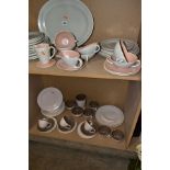 POOLE POTTERY DINNERWARES, twintone in Dove grey/pink and mushroom/sepia, to include plates, cups/