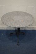 A CIRCULAR MARBLE TOPPED TABLE on a cast iron triple legged base, diameter 81cm x height 70cm