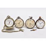 FOUR POCKET WATCHES, to include a silver open faced watch with a white dial, Roman numerals, seconds