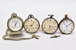 FOUR POCKET WATCHES, to include a silver open faced watch with a white dial, Roman numerals, seconds