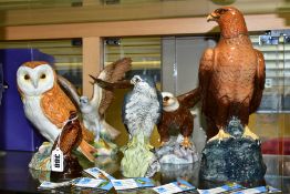 SIX VARIOUS CERAMIC BIRD FIGURES AND LIQUEUR FLASKS AND SEVEN R.S.P.B ENAMEL BIRD PIN BADGES, the