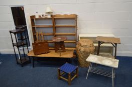 A QUANTITY OF OCCASIONAL FURNITURE, to include two beech open bookcases, mid 20th century oak and