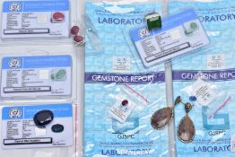 A SELECTION OF GEMSTONES AND JEWELLERY ITEMS, to include glass filled ruby earrings and a loose