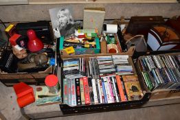 FIVE BOXES AND LOOSE, CD'S, DVD'S, LIGHT SHADES, CASSETTE PLAYERS, ETC, including a cased Imperial