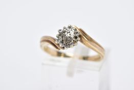 A 9CT GOLD DIAMOND CLUSTER RING, designed with a cluster of single cut diamonds (missing three