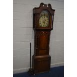 A VICTORIAN OAK EIGHT DAY LONGCASE CLOCK, the hood with a swan neck pediment, two barley twist