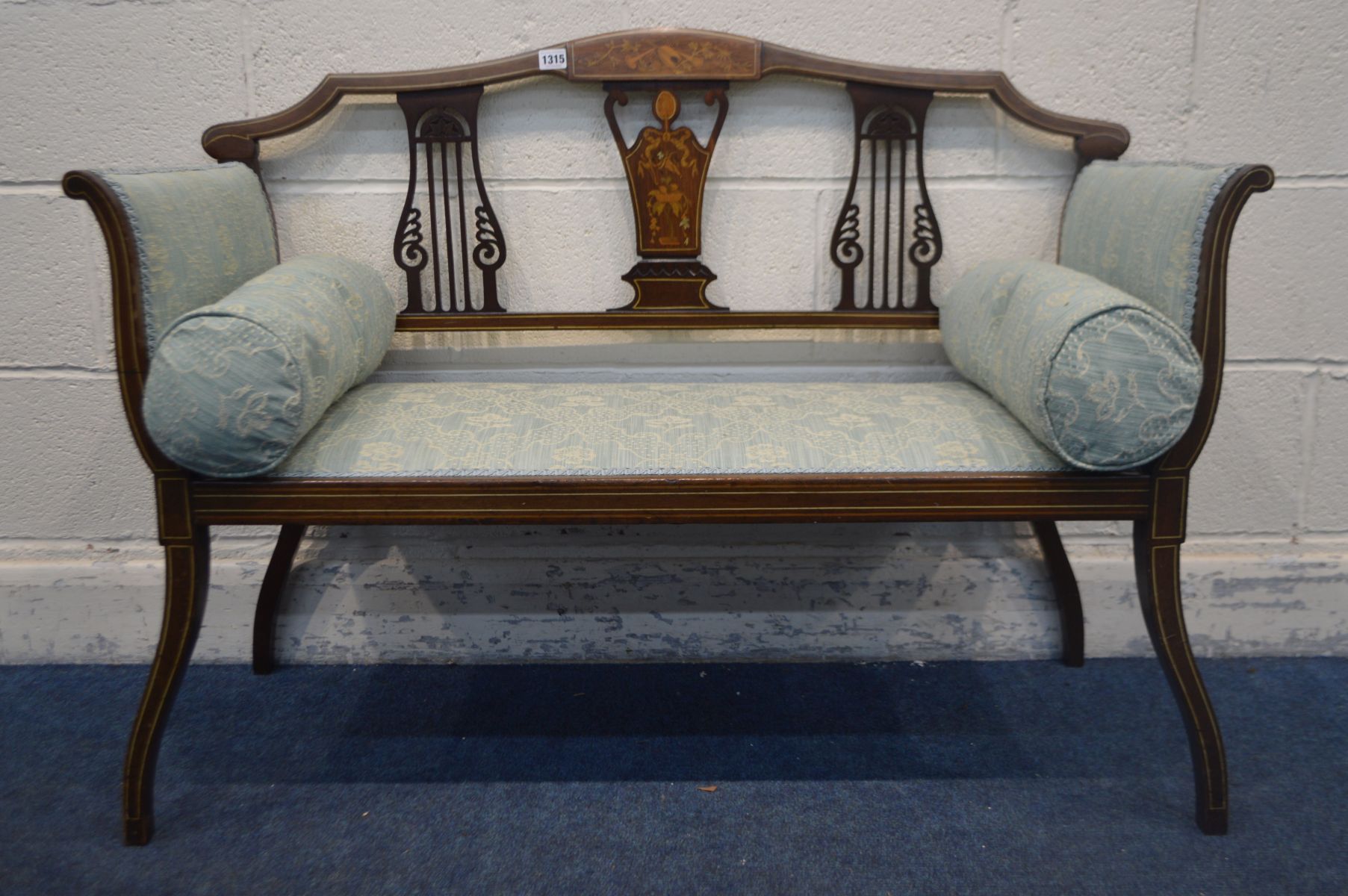 AN EDWARDIAN MAHOGANY AND MARQUETRY INLAID TWO SEATER SOFA, with green upholstery, and two side - Image 2 of 3