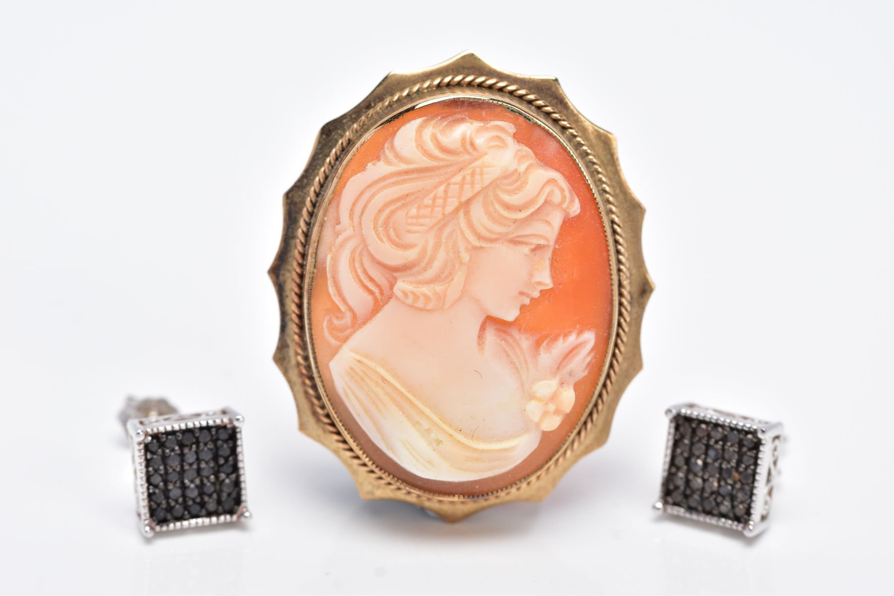 A 9CT GOLD CAMEO BROOCH AND A PAIR OF BLACK DIAMOND EARRINGS, the cameo of an oval design, depicting