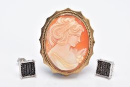 A 9CT GOLD CAMEO BROOCH AND A PAIR OF BLACK DIAMOND EARRINGS, the cameo of an oval design, depicting