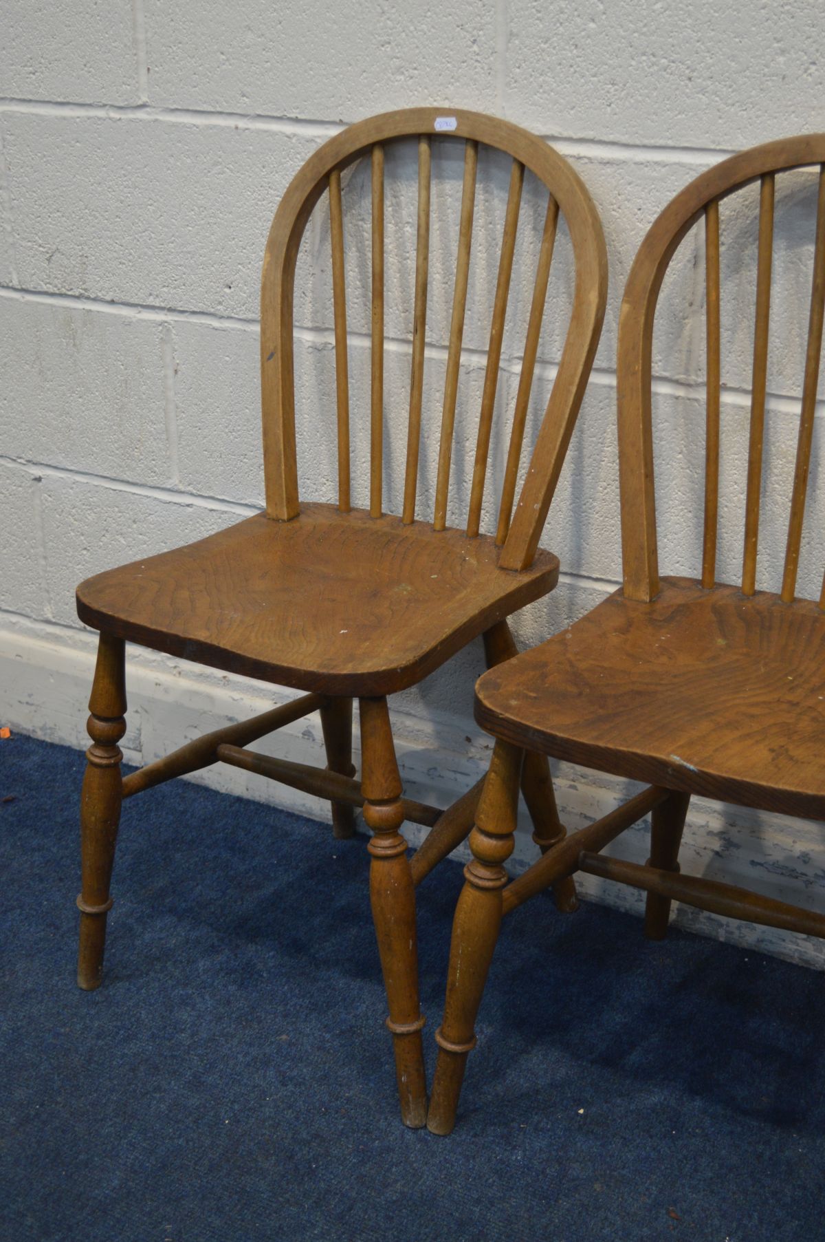 A NEAR PAIR OF 19TH CENTURY ELM AND BEECH KITCHEN, along with a pair of elm and beech spindle hoop - Image 2 of 3