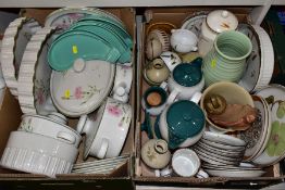 TWO BOXES OF TABLEWARES, STONEWARE, etc, to include Midwinter Stonehenge Invitation tureens, plates,