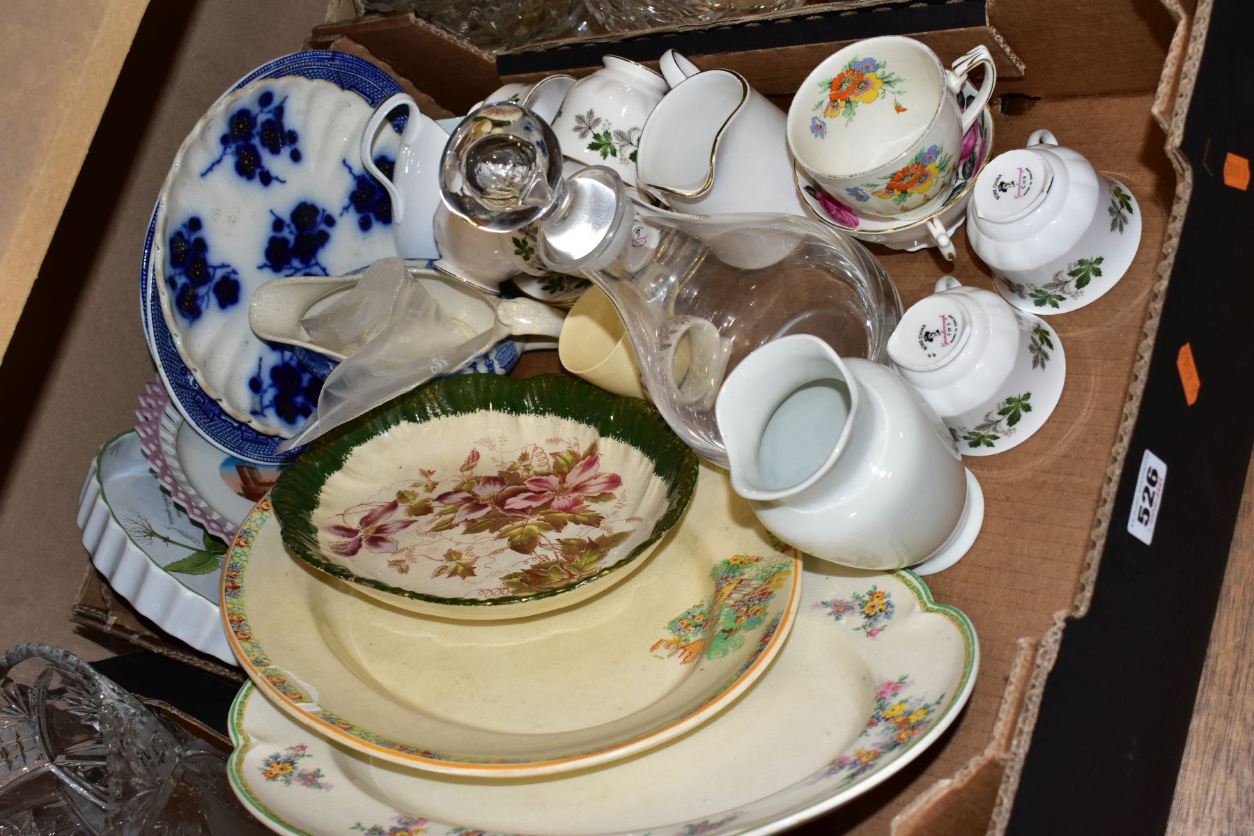 THREE BOXES OF CERAMICS AND GLASS, ETC, to include Poole Pottery flan dish, two blue and white - Image 6 of 9