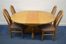 A TEAK FINISH EXTENDING DINING TABLE. with a single fold out leaf (Sd) and four oak high back chairs