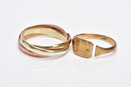 A 9CT GOLD TRI-COLOURED BAND AND ONE OTHER, to include a tri-coloured interlocking three band