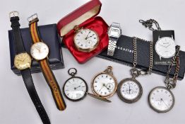 A BOX OF ASSORTED POCKET WATCHES AND WRISTWATCHES, to include a gold plated open faced pocket
