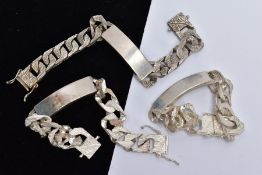 THREE SILVER IDENTIFICATION BRACELETS, each of the same design with a plain polished tag, each