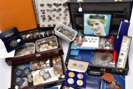 A COIN ALBUM AND WOODEN DISPLAY BOX BRIEFCASE OF WORLD COINS, to include amounts of 20th century