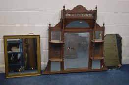 AN EDWARDIAN MAHOGANY OVERMANTEL MIRROR, width 99cm x height 123cm and a giltwood wall mirror and