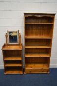 A MODERN PINE OPEN BOOKCASE with a single drawer, width 86cm x depth 34cm x height 187cm, and a