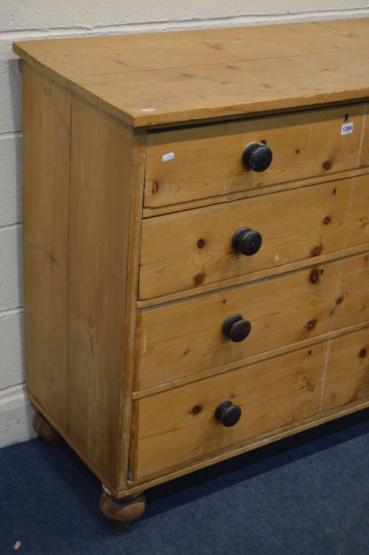 A VICTORIAN AND LATER PINE CHEST OF FOUR LONG GRADUATED DRAWERS, on baluster, width 107cm x depth - Image 2 of 5