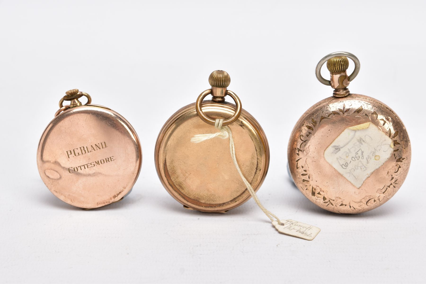 THREE GOLD PLATED OPEN FACED POCKET WATCHES, the first with a white dial signed 'Eros', Arabic - Image 2 of 8