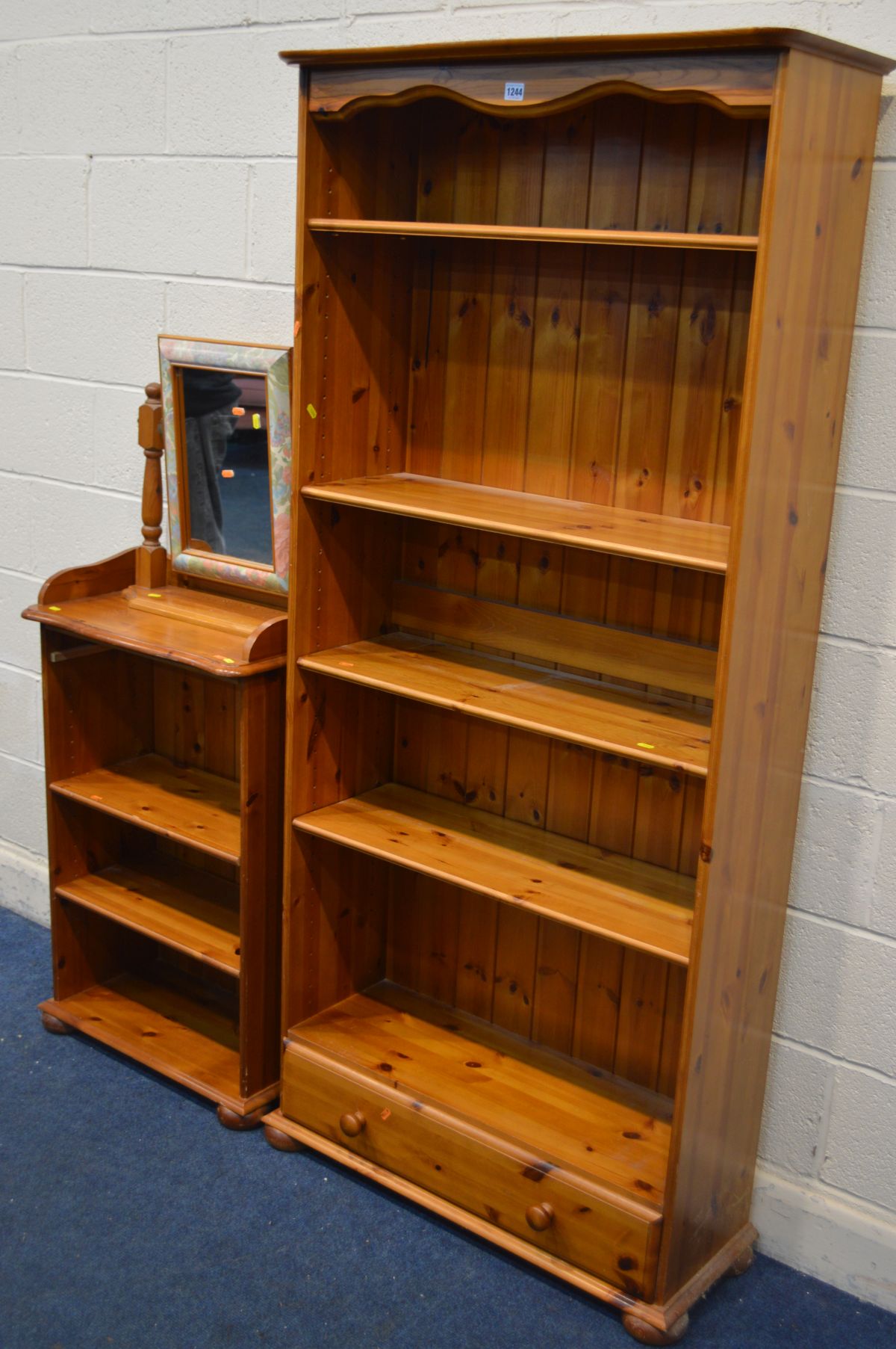 A MODERN PINE OPEN BOOKCASE with a single drawer, width 86cm x depth 34cm x height 187cm, and a - Image 2 of 3