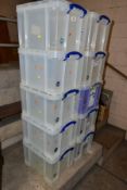TEN REALLY USEFUL BOX COMPANY 35 LITRE PLASTIC BOXES AND LIDS, nine clear and one purple (10)