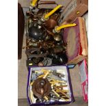 TWO BOXES OF METALWARE , FLATWARE AND CUTLERY, including an Arts and Crafts style copper chamber