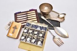 A BOX OF ASSORTED ITEMS, to include a tray of twelve 'Sterling silver' pendants mainly St.