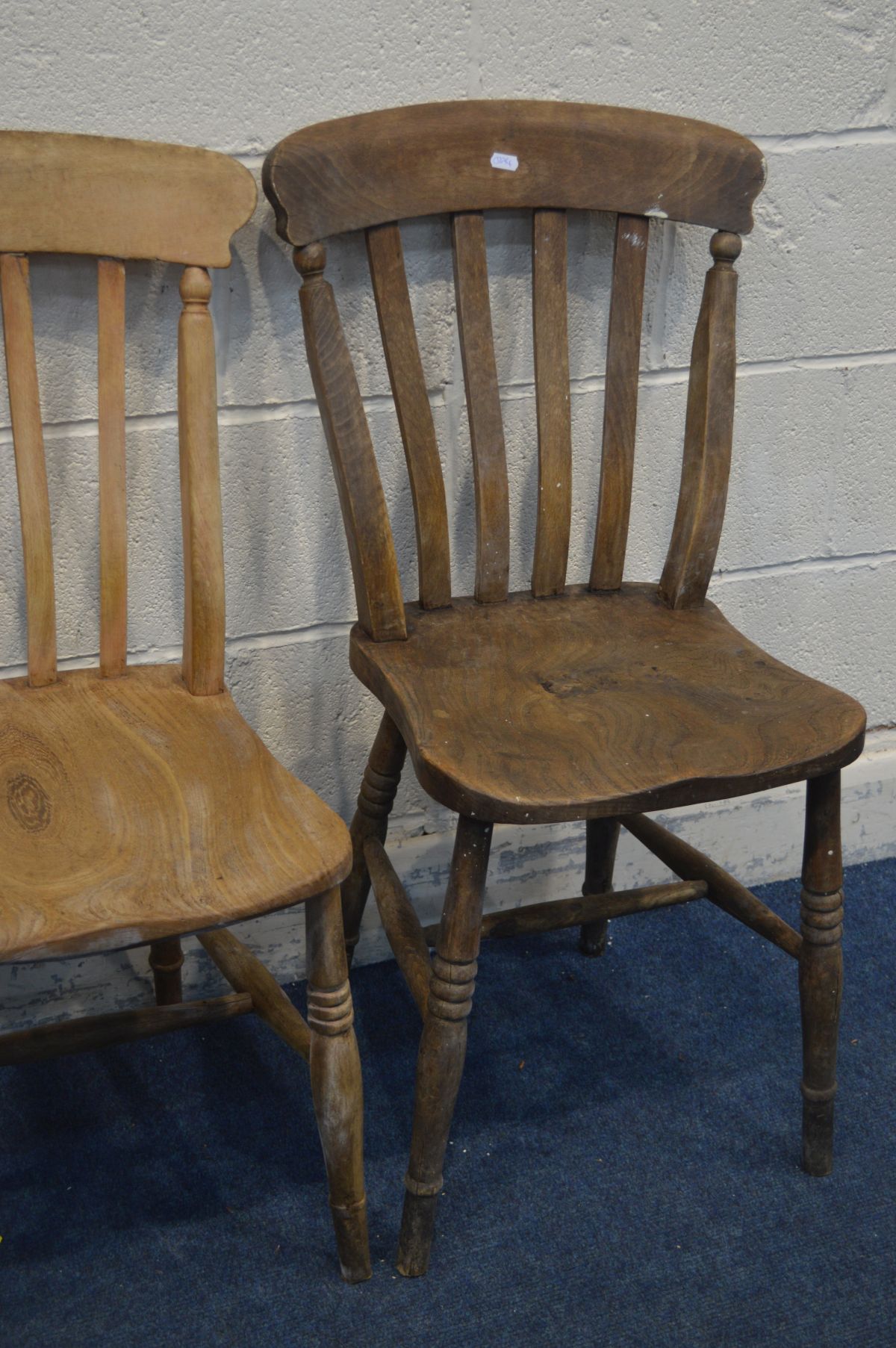 A NEAR PAIR OF 19TH CENTURY ELM AND BEECH KITCHEN, along with a pair of elm and beech spindle hoop - Image 3 of 3