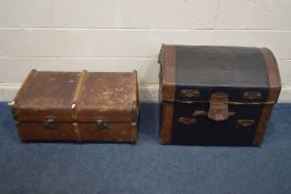 A VINTAGE LAQUERED AND BROWN LEATHER BANDED DOMED TOP TRUNK, with an internal tray, width 69cm x