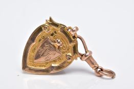 A 9CT GOLD SHIELD FOB, engraved monogram to the centre, within a decorative foliate surround and