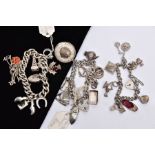 THREE SILVER CHARM BRACELETS, one with eight white metal charms such as a horseshoe, thistle, set of