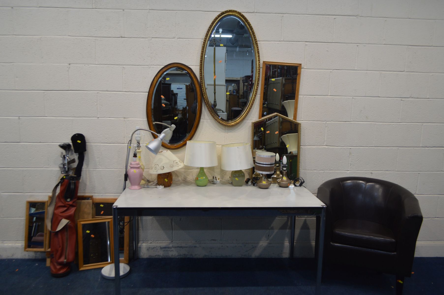 A BROWN LEATHERETTE TUB CHAIR, together with a quantity of miscellaneous, including an oval giltwood - Image 4 of 7