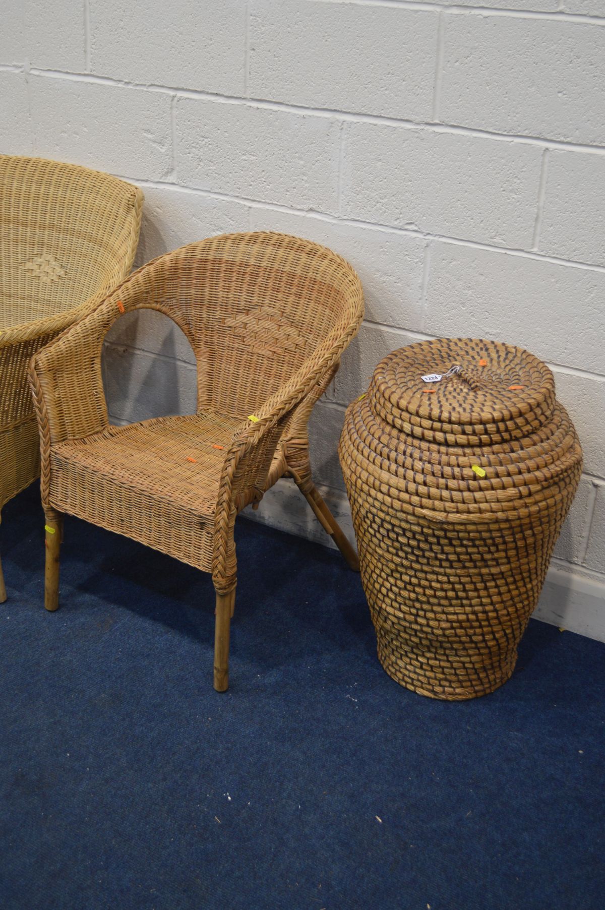 THREE WICKER BASKET CHAIRS, including a painted Lloyd loom chair, and an ali baba linen basket (4) - Image 2 of 3