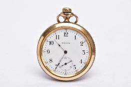 AN OPEN FACED WALTHAM POCKET WATCH, round white dial signed 'Waltham', Arabic numerals, seconds