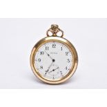 AN OPEN FACED WALTHAM POCKET WATCH, round white dial signed 'Waltham', Arabic numerals, seconds