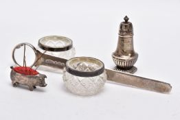 A SMALL QUANTITY OF SILVER AND OTHER ITEMS, to include a silver pin cushion in the form of a pig,