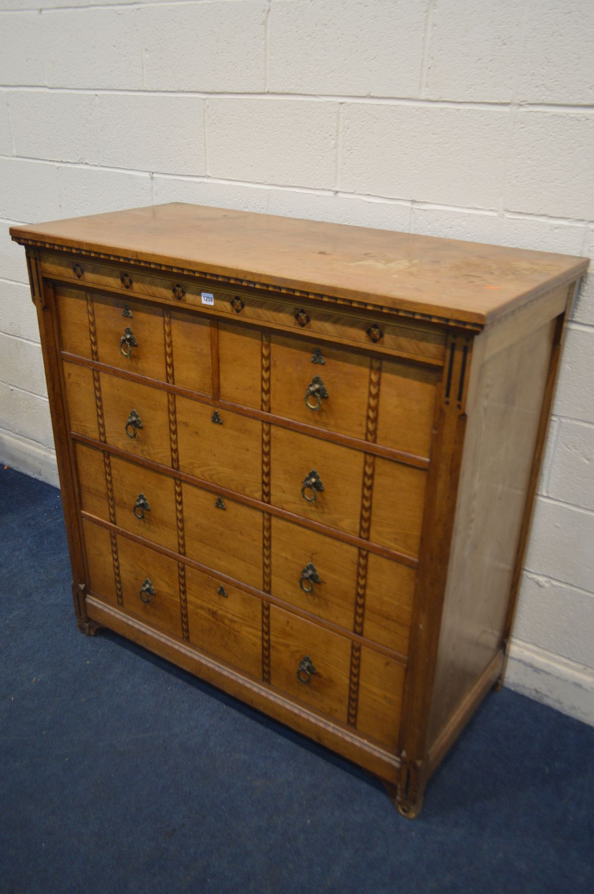 A MID TO LATE 19TH OAK AND PARQUETRY INLAID CHEST OF TWO OVER THREE LONG DRAWERS, in the gothic - Image 2 of 6