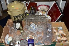 A BOX AND LOOSE SUNDRY ITEMS to include two cut glass decanters, no chips or cracks but some