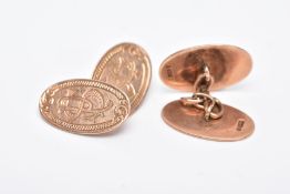 A PAIR OF 9CT GOLD CUFFLINKS, each pair of an oval form with engraved monograms, hallmarked 9ct gold