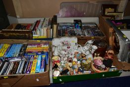 FIVE BOXES OF SUNDRY ITEMS, etc, to include Cd's, DVD's VHS cassettes, books, small resin teddy bear