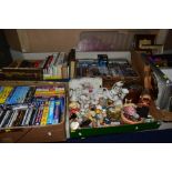 FIVE BOXES OF SUNDRY ITEMS, etc, to include Cd's, DVD's VHS cassettes, books, small resin teddy bear