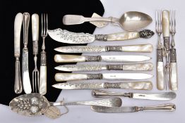 A SELECTION OF SILVER SPOONS AND SILVER MOUNTED CUTLERY, to include a George III silver serving