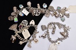 THREE SILVER CHARM BRACELETS, the first suspending twenty-seven white metal charms such as house,