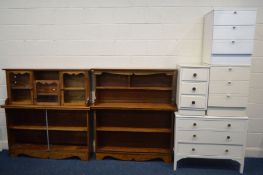 FOUR VARIOUS PAINTED CHEST OF DRAWERS, along with two bookcases (6)