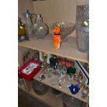 A GROUP OF GLASSWARE, to include a studio glass Strombergshyttan, Sweden orange bird, height 17cm, a